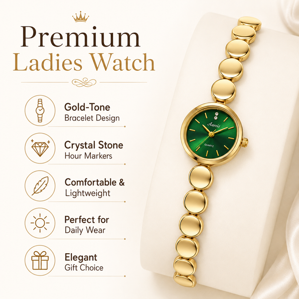 Watches Gold-Tone Green Round Dial Beaded Bracelet Watch for Women - House of Viya
