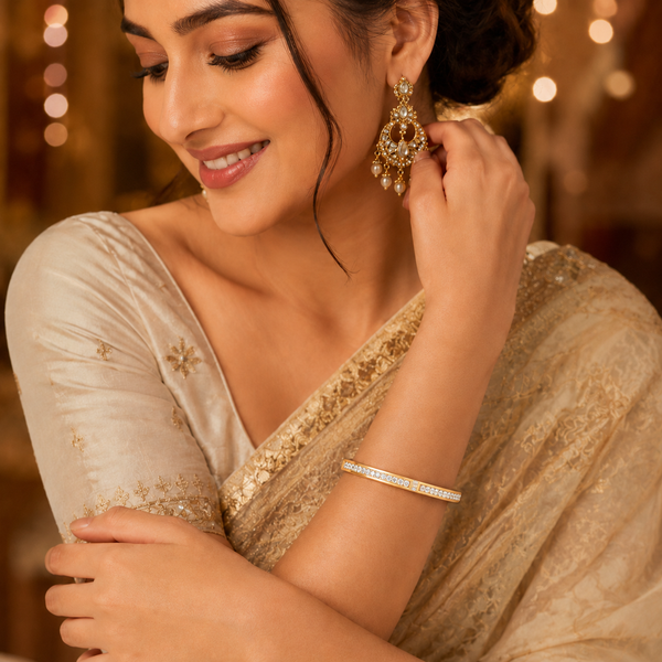 Gold Channel Set Baguette Diamond Row Kada for Women | Center Panel Small Stone Stainless Steel Ladies Bangle | Premium Festive Jewellery - House of Viya