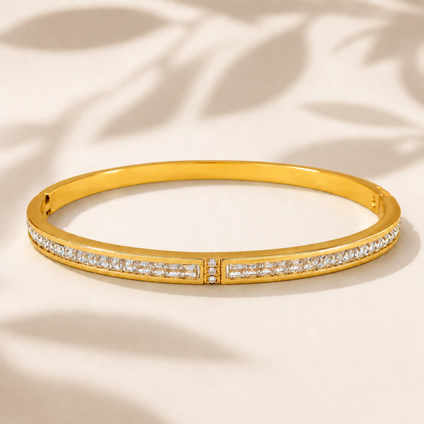 Gold Channel Set Baguette Diamond Row Kada for Women | Center Panel Small Stone Stainless Steel Ladies Bangle | Premium Festive Jewellery - House of Viya