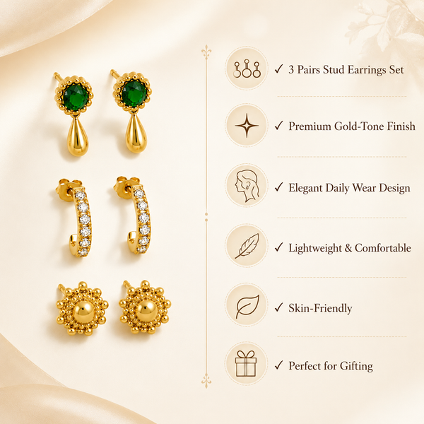 Earrings Emerald Teardrop Drop, Pave Huggie Hoop & Sunflower Stud Earrings Set of 3 Pairs