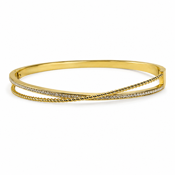 Gold Burnish Set Diamond Oval Kada for Women | Smooth Flush Stone Stainless Steel Ladies Bangle | Ultra Sleek Festive Jewellery - House of Viya