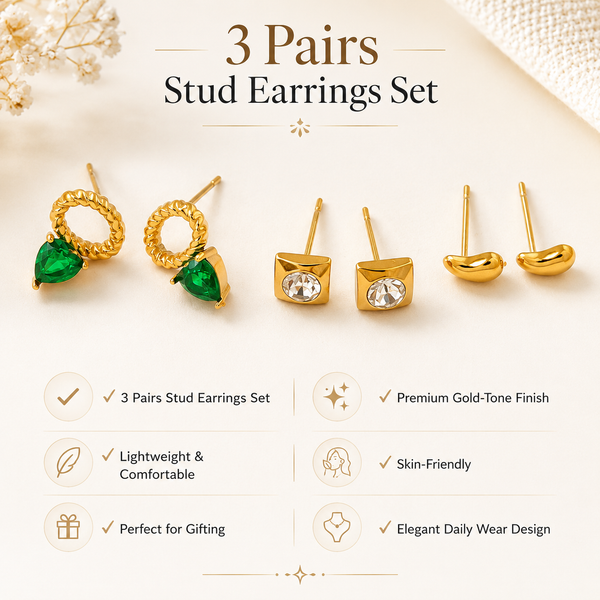 Earrings Emerald Drop Hoop, Zircon Square & Minimal Wave Stud Earrings Set of 3 Pairs