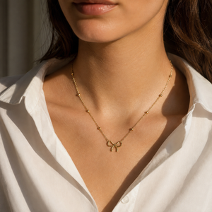 Chain 18K Gold-Plated Beaded Link Chain with Bow Pendant - House of Viya