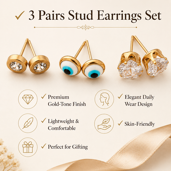 Earrings Zircon Button, Evil Eye & Zircon Solitaire Stud Earrings Set of 3 Pairs