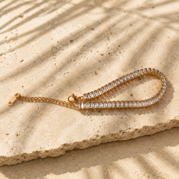 Gold Plated Rectangular Baguette White Stone Continuous Tennis Bracelet with Lobster Clasp - House of Viya