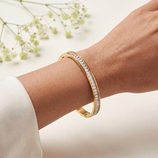 Slim Baguette CZ Eternity Baby Kada Bangle | Gold Plated White Stackable Bracelet for Women - House of Viya