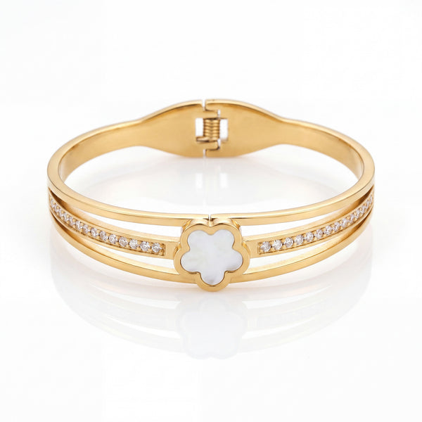 Mother of Pearl Five Petal Flower Baby Kada Bangle | Gold Plated Pave CZ Floral Cuff for Women - House of Viya