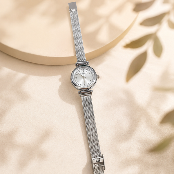 Watches Silver-Tone Round Dial Minimal Mesh Bracelet Watch for Women