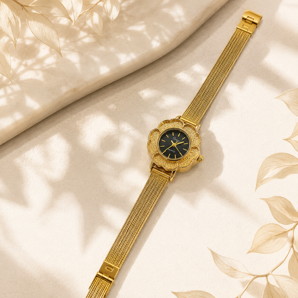 Watches Gold-Tone Flower Dial Black Face Mesh Bracelet Watch for Women