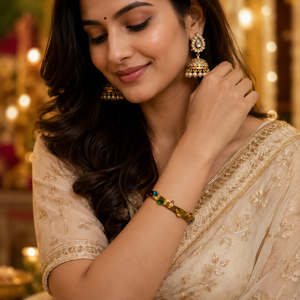Real Marquise Navette Multicolor Stone Gold Oval Kada for Women | Mixed Cut Gemstone Stainless Steel Ladies Bangle | Colorful Festive Jewellery