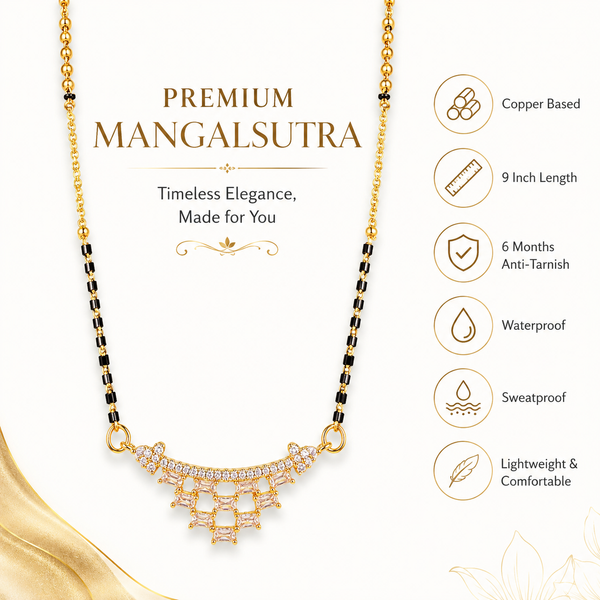 KZ Gold Plated Baguette Arc CZ Mangalsutra for Women Black Bead Chain Cascading Fan Pendant FS - House of Viya