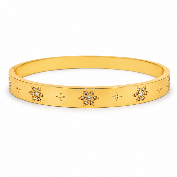 Gold Star Engraved Floral Diamond Cluster Kada for Women | 4-Point Motif Stainless Steel Ladies Bangle | Designer Festive Jewellery - House of Viya