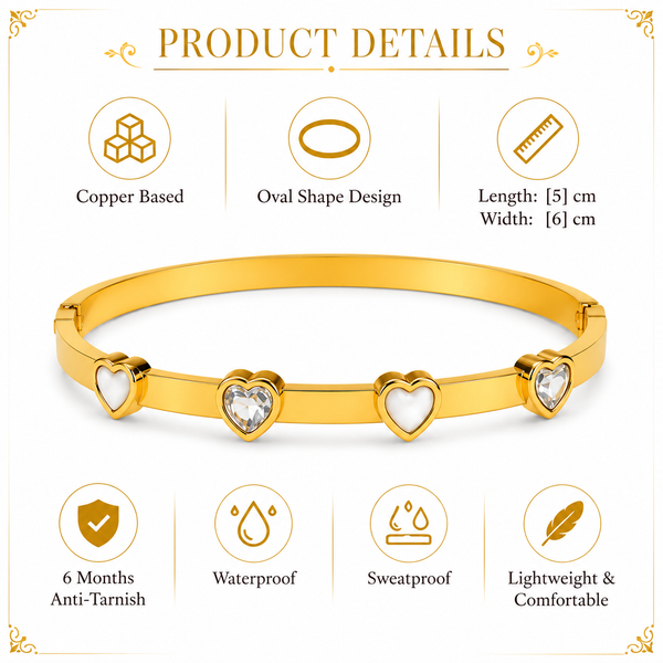 Gold Heart Shape Diamond Oval Kada for Women | Raised Heart Motif Stainless Steel Ladies Bangle | Romantic Festive Jewellery - House of Viya
