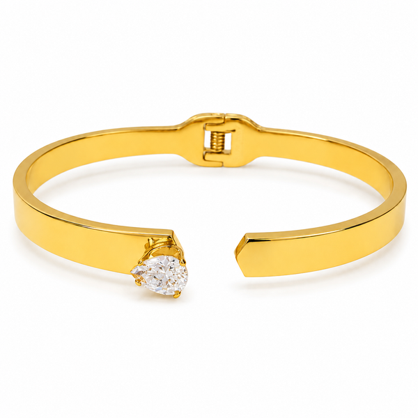 Gold Hinged Pear Solitaire Diamond Oval Kada for Women | Single Teardrop Stone Stainless Steel Ladies Bangle | Statement Festive Jewellery - House of Viya