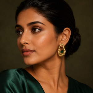 Earrings Gold-Tone Textured Green Stone Huggie Earrings - House of Viya