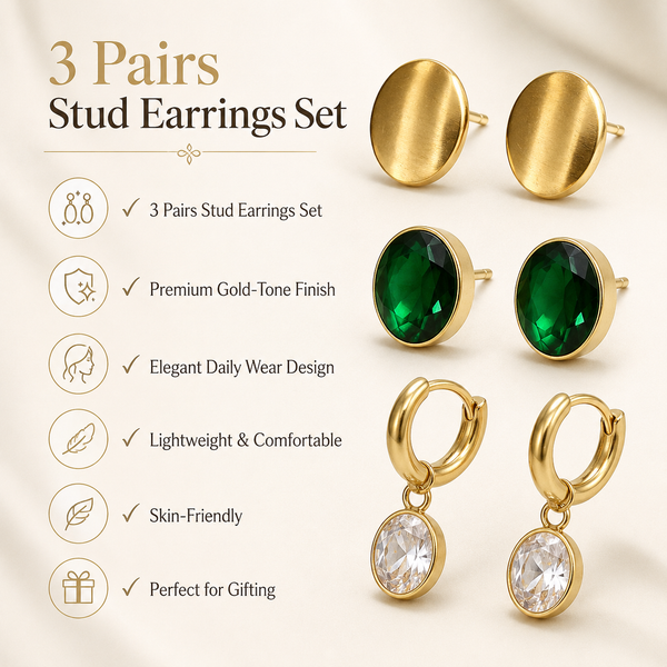Earrings Emerald Oval Bezel, Halo Drop Hoop & Gold Oval Stud Earrings Set of 3 Pairs
