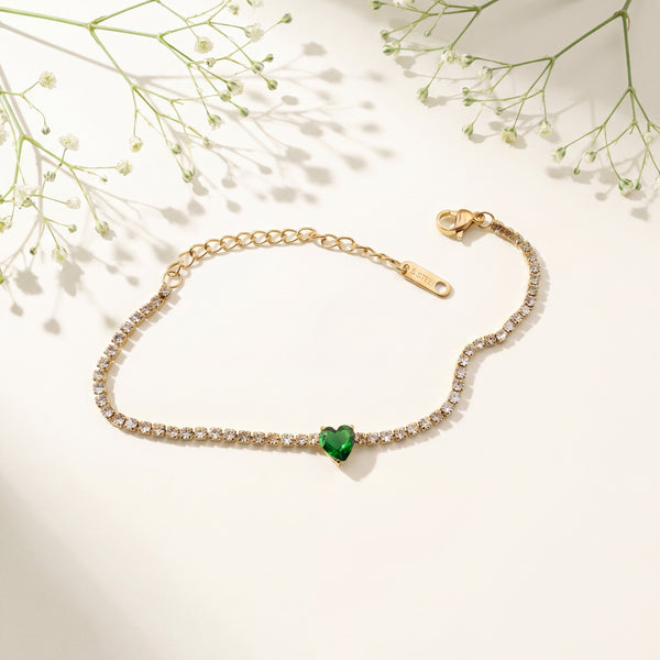 Gold Plated White Stone Tennis Bracelet with Green Heart Centre Stone and Lobster Clasp