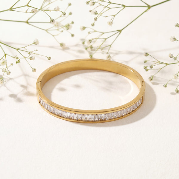Slim Baguette CZ Eternity Baby Kada Bangle | Gold Plated White Stackable Bracelet for Women - House of Viya
