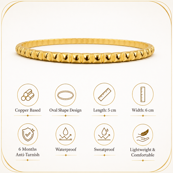 Gold Petal Leaf Textured Stud Oval Kada for Women | No Stone Embossed Floral Stainless Steel Ladies Bangle | Texture Festive Jewellery - House of Viya