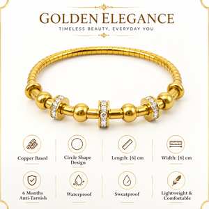 Gold Elastic Ribbed Tube Kada for Women | Ball Bead Diamond Rondelle Stretch Stainless Steel Ladies Bangle | Flexible Festive Jewellery