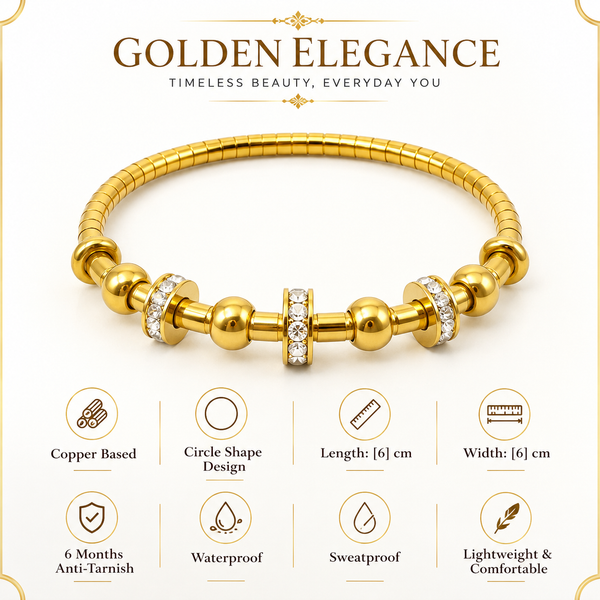 Gold Elastic Ribbed Tube Kada for Women | Ball Bead Diamond Rondelle Stretch Stainless Steel Ladies Bangle | Flexible Festive Jewellery