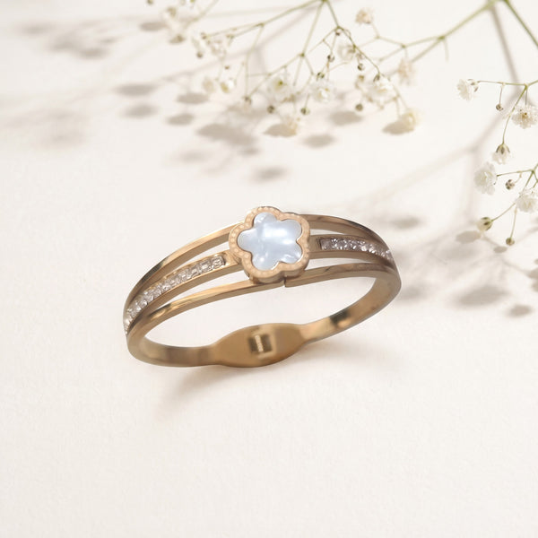 Mother of Pearl Five Petal Flower Baby Kada Bangle | Gold Plated Pave CZ Floral Cuff for Women - House of Viya