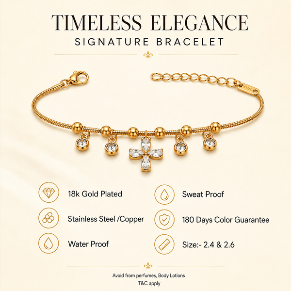 Gold Plated Snake Chain Bracelet with White Clover and White Stone Charm Cluster - House of Viya