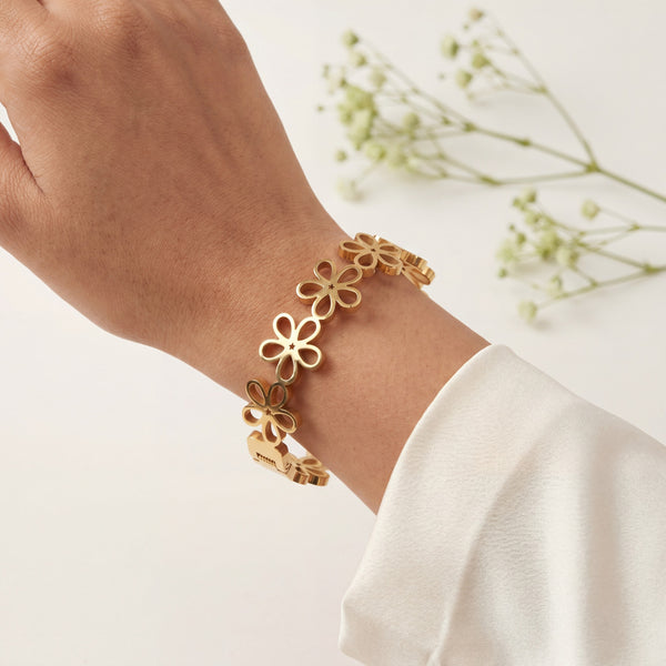 Daisy Floral Cutout Linked Baby Kada Bangle | Gold Plated Five Flower Chain Cuff Bracelet for Women - House of Viya