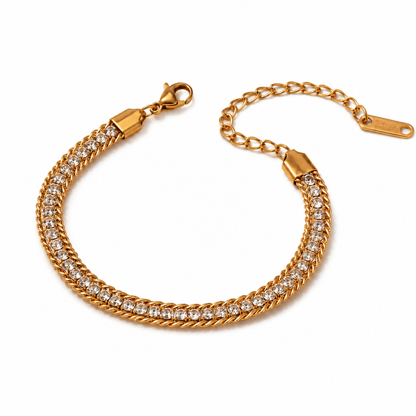 Gold Plated White Stone Tennis Centre with Dual Curb Chain Edges Statement Bracelet with Lobster Clasp - House of Viya