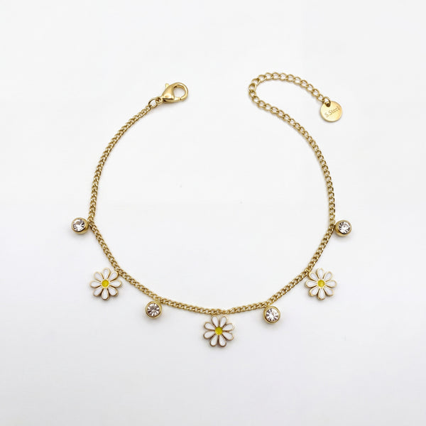 Gold Plated Curb Chain Bracelet with Dangling White Enamel Daisy Flower Charms and Stone Accents