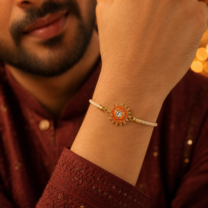 18K Gold Plated Rakhi Stone-Studded Sun Chakra Motif Design Rakhi - House of Viya