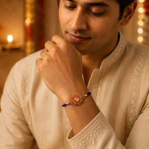 18K Gold Plated Rakhi Stone-Studded Sun Chakra Motif Design Rakhi - House of Viya