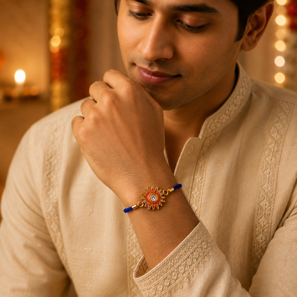 18K Gold Plated Rakhi Stone-Studded Sun Chakra Motif Design Rakhi - House of Viya