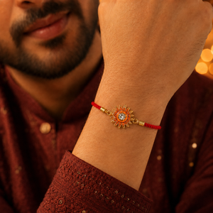 18K Gold Plated Rakhi Stone-Studded Sun Chakra Motif Design Rakhi - House of Viya