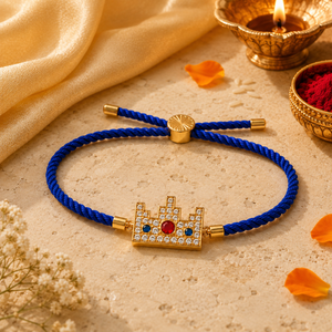 18K Gold Plated Rakhi Stone-Studded Pixel Crown Motif Charm Rakhi - House of Viya