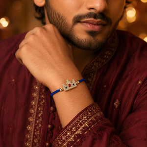 18K Gold Plated Rakhi Stone-Studded Pixel Crown Motif Charm Rakhi - House of Viya