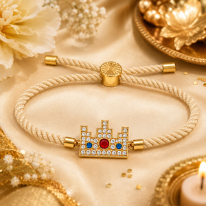 18K Gold Plated Rakhi Stone-Studded Pixel Crown Motif Charm Rakhi - House of Viya