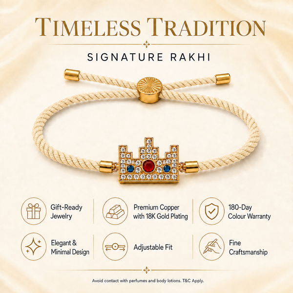 18K Gold Plated Rakhi Stone-Studded Pixel Crown Motif Charm Rakhi - House of Viya