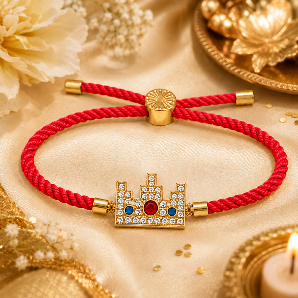 18K Gold Plated Rakhi Stone-Studded Pixel Crown Motif Charm Rakhi - House of Viya