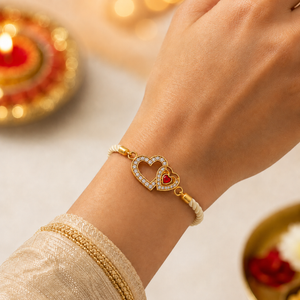 18K Gold Plated Rakhi Stone-Studded Heart Motif Charm Design Rakhi - House of Viya