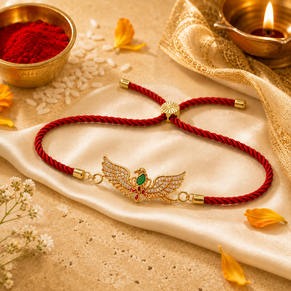 18K Gold Plated Rakhi Stone-Studded Garuda Motif Religious Rakhi - House of Viya