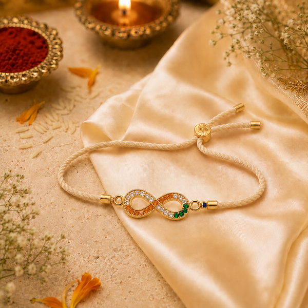 18K Gold Plated Rakhi Stone-Studded Infinity Motif Charm Design Rakhi - House of Viya