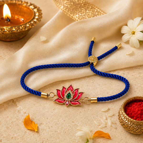18K Gold Plated Rakhi Stone-Studded Kamal Lotus Floral Motif Rakhi - House of Viya