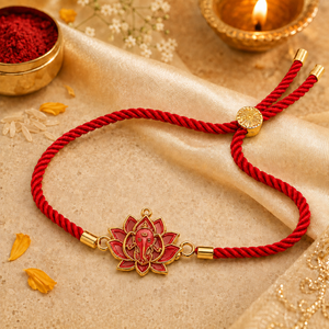 18K Gold Plated Rakhi Stone-Studded Lotus Ganesha Religious Floral Rakhi - House of Viya