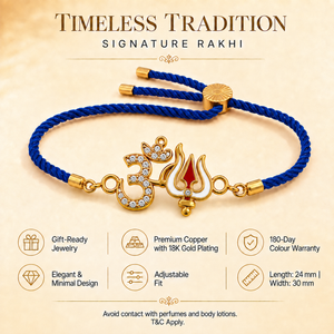 18K Gold Plated Rakhi Stone-Studded Om Trishul Motif Religious Rakhi - House of Viya