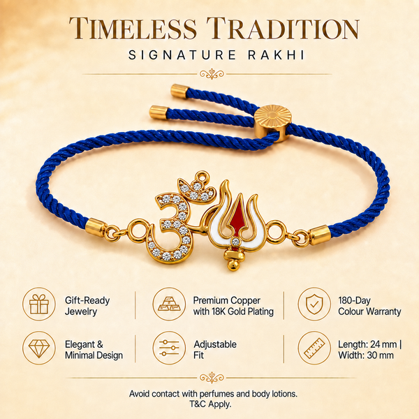 18K Gold Plated Rakhi Stone-Studded Om Trishul Motif Religious Rakhi - House of Viya