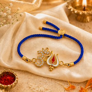 18K Gold Plated Rakhi Stone-Studded Om Trishul Motif Religious Rakhi - House of Viya