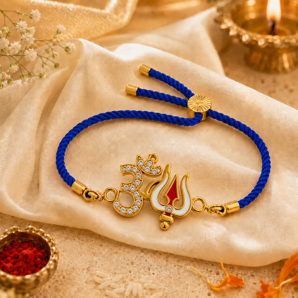 18K Gold Plated Rakhi Stone-Studded Om Trishul Motif Religious Rakhi - House of Viya