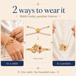 18K Gold Plated Rakhi Stone-Studded Om Trishul Motif Religious Rakhi - House of Viya