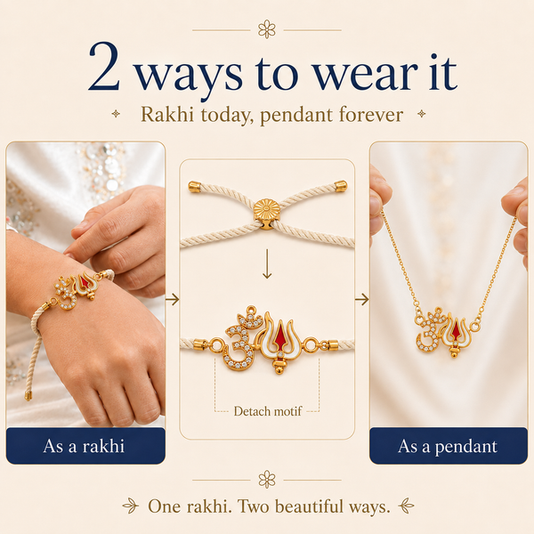 18K Gold Plated Rakhi Stone-Studded Om Trishul Motif Religious Rakhi - House of Viya